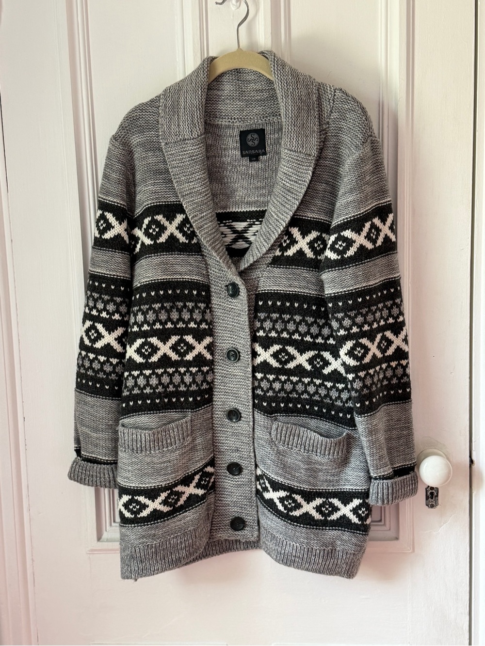 Sansara Wool Blend Aztec Pattern Button Closure Cardigan Pockets Size Large